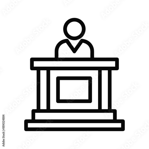 Judge at podium icon representing justice, law, and legal system, isolated on