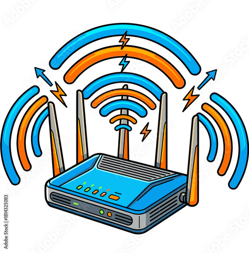 Vector illustration of a WiFi modem with strong signal symbols
