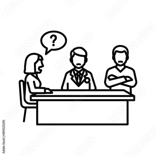 Doctor consulting with patient and family member at desk with question mark isolated on