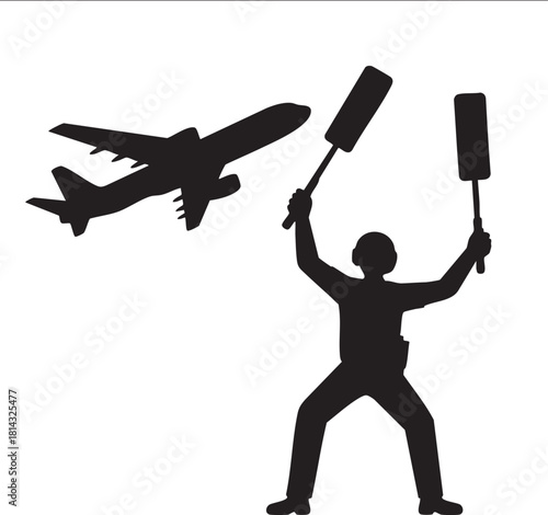 Silhouette depicts an aviation marshaller guiding an airplane during flight preparations on transparent background