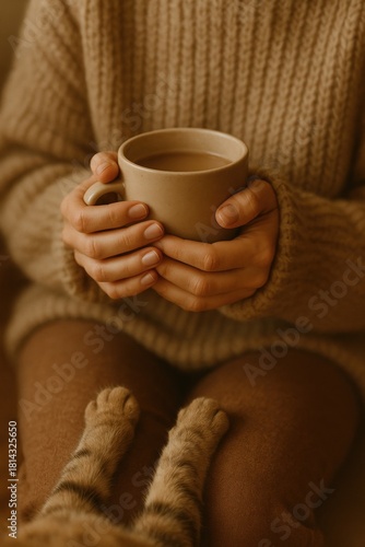 Hands holding a warm cup of coffee while a cats paws rest gently on a cozy lap. Concept of comfort, companionship and peaceful moments during a quiet winter day