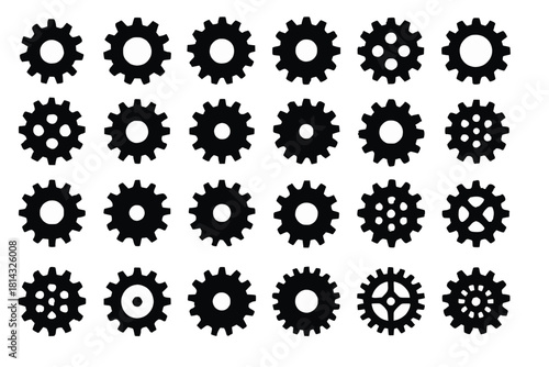 Gear Icons with Varying Tooth Counts Hub Designs and Rotational Symmetry in Black Silhouettes on White Background for Engineering and Industrial Themes