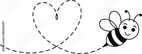 Cute cartoon bee flying, leaving a lovely heart dotted trail