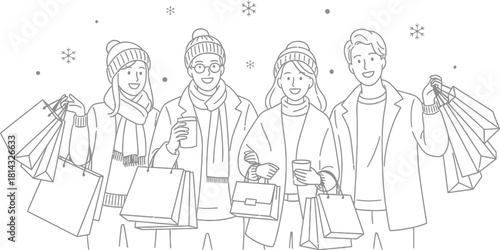 Group of friends enjoying winter shopping with bags and hot drinks in line art