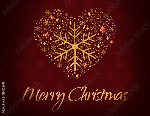 Merry Christmas Luxury and glittering background with greetings and heart made of ornaments. Christmas, celebration, holiday backdrop