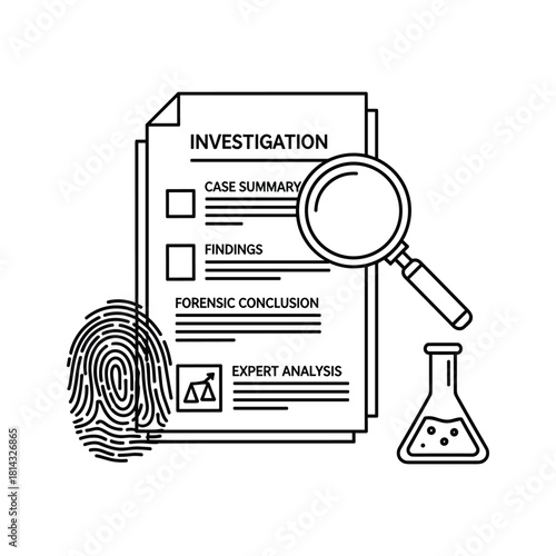 Investigation with magnifying glass isolated on forensic conclusion and expert analysis