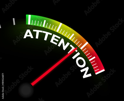 Speedometer showing attention with red needle going to full side close up backdrop 