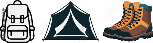 A set of camping and hiking icons featuring a backpack, a tent, and a pair of boots, isolated on a white background.