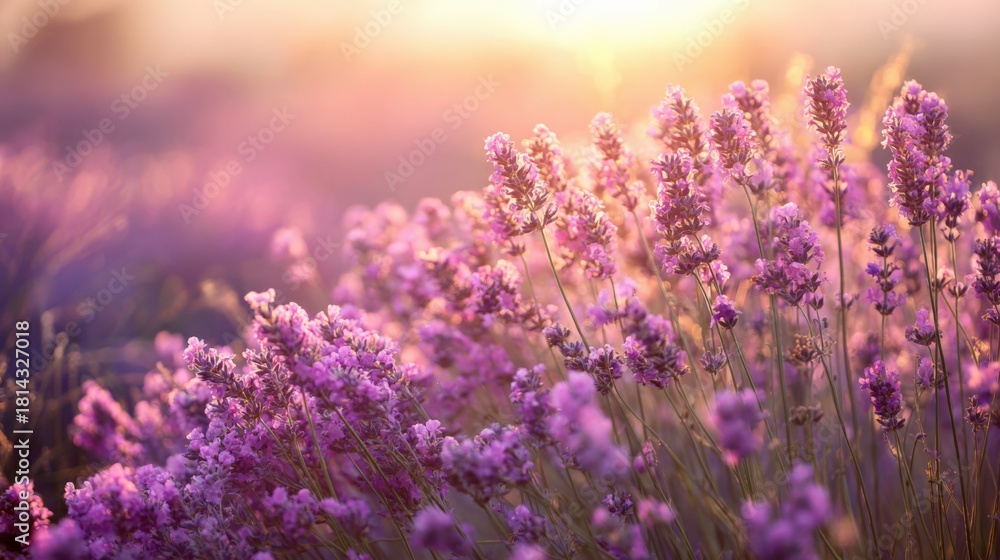 Fototapeta premium Lavender Field at Sunset: Blooming Purple Flowers in Golden Light, Serene Nature Scene