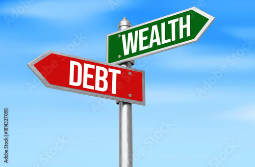 Wealth vs Debt showing on the signboards pointing left and right with blue sky in the backdrop 
