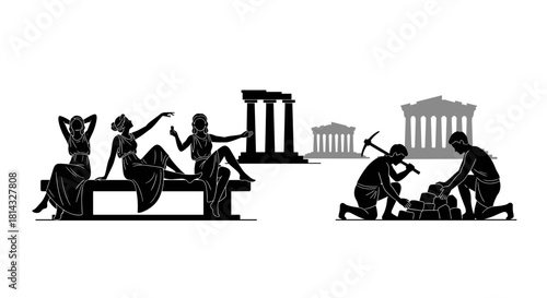 Women relaxing while men work in ancient Greece on a transparent background
