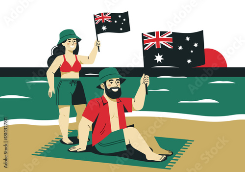 Young couple celebrating Australia Day on beach with flags  