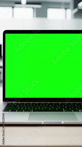 Chroma Key Ready Footage with over the shoulder shot of caucasian woman looking at green screen office person using laptop computer mockup distortion, overlay, glitch, static noise, scan lines on