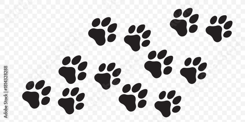 Seamless vector pattern of diverse animal paw prints, including dog, cat, and bear footprints, in a black silhouette design