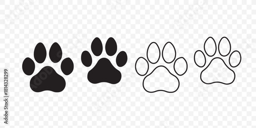 Seamless vector pattern of diverse animal paw prints, including dog, cat, and bear footprints, in a black silhouette design