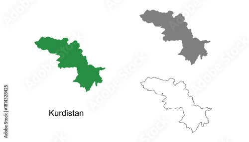 Set of Kurdistan Map Design. Kurdistan Map Vector Illustration on Green, Gray, and Outline. Perfect for infographics, presentations, and educational materials