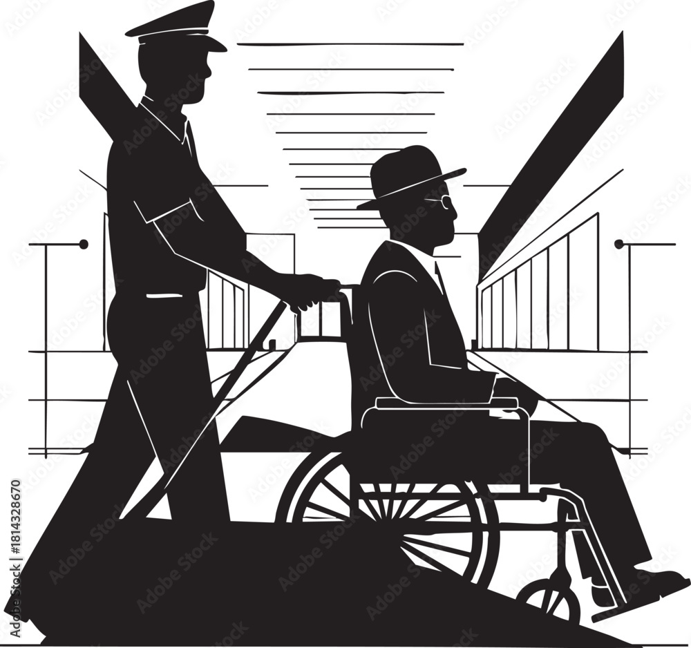 Obraz premium Silhouetted security guard assists senior gentleman in wheelchair at the airport in black and white
