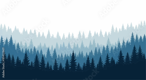 A dense forest landscape with layers of coniferous trees in varying shades of blue and white background