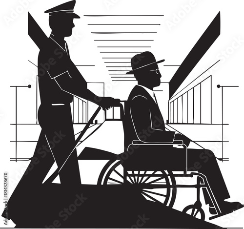 Silhouetted security guard assists senior gentleman in wheelchair at the airport in black and white