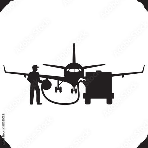 The worker refuels the plane using the fuel tank on a transparent background