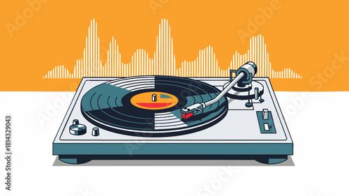 A classic turntable playing a vinyl record, with a vibrant orange sound wave graphic illustrating the music in the background