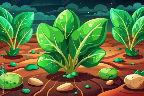 Soft spinach leaves spreading low across dark fertile soil under natural morning light