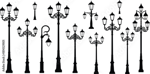 Vintage street lamp silhouettes collection, ornate wrought iron lamp posts, multiple lantern designs, Victorian and Art Nouveau styles, urban historical lighting vector