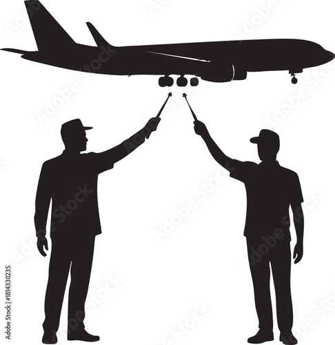 Airport ground staff guide a large airplane with wands, presented as a black silhouette