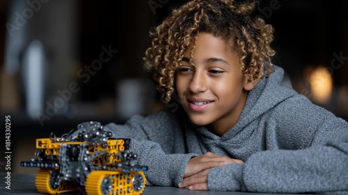 Young inventor smiles while showcasing a colorful robot creation