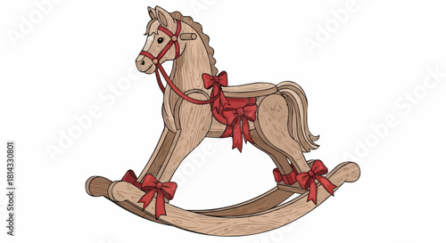 Illustration of a wooden rocking horse with red ribbons tied on it in a white background view