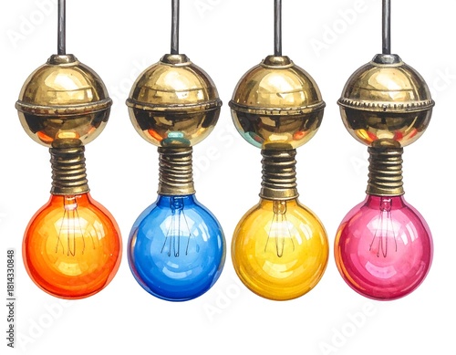 Colorful Decorative Light Bulbs with Gold Fixtures on a White Background, a vibrant display