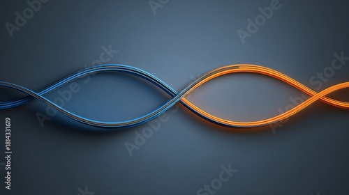 Twisted blue and orange wires forming abstract design on a dark gray background, used for technology concepts