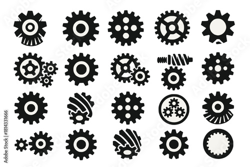 Gear Icons with Bevel Spur Helical Worm and Planetary Types in Bold Black Vector Style on White Background