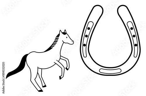 馬蹄と立ち上がる馬の線画イラスト 01