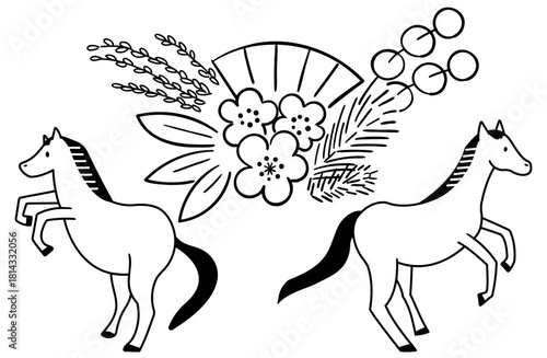 二匹の馬と"松竹梅"の線画イラスト