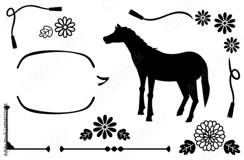 横向きの馬のシルエットとデザイン素材セット