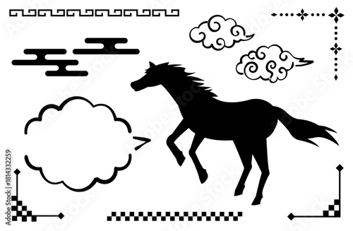 横向きの馬のシルエットとデザイン素材セット