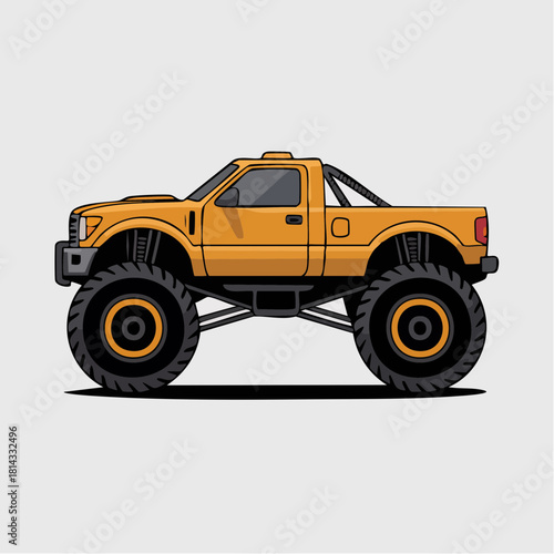 A cartoon illustration of a yellow monster truck with large wheels and lifted suspension, side view.