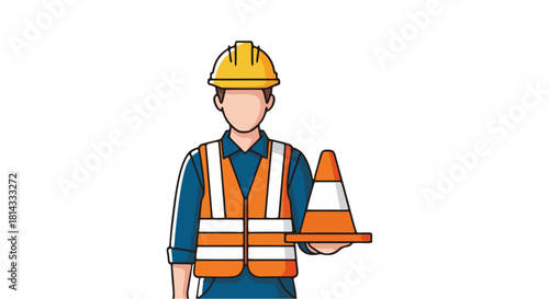 a construction worker in dark blue shirt holding a safety traffic cone