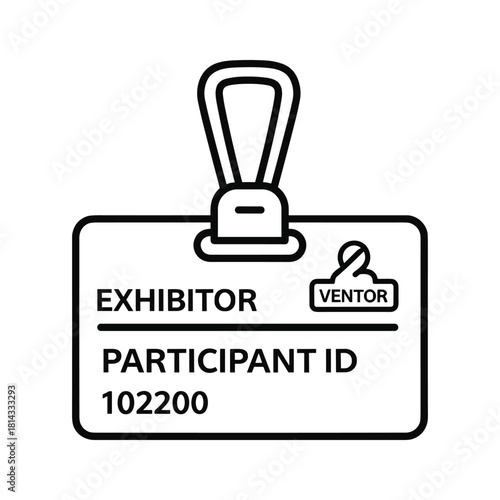 Outline icon of an exhibitor participant id badge with ventor label, isolated on
