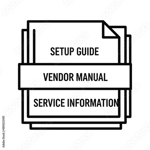 Black and white line icon representing a stack of important document papers including a setup guide, vendor manual, and service information
