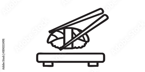 Sushi with wooden chopsticks line icon, japanese food concept. Vector graphics. Sushi on board, fastfood sign on white background, style icon mobile or web design