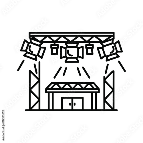 Line art icon of a concert stage setup with truss structure and multiple spotlights illuminating the area, isolated on