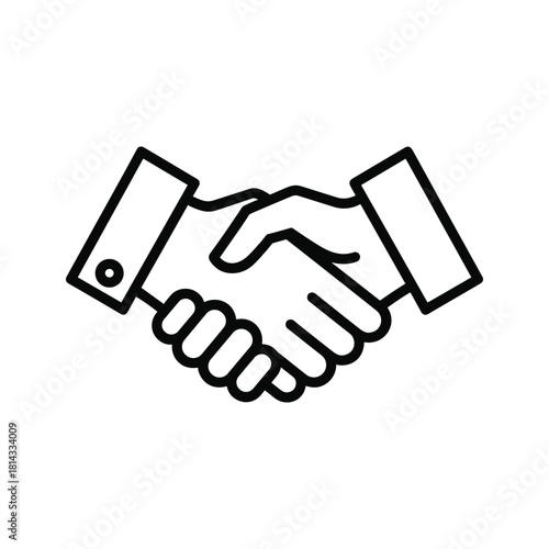 Simple black and white line art icon representing a handshake, isolated on