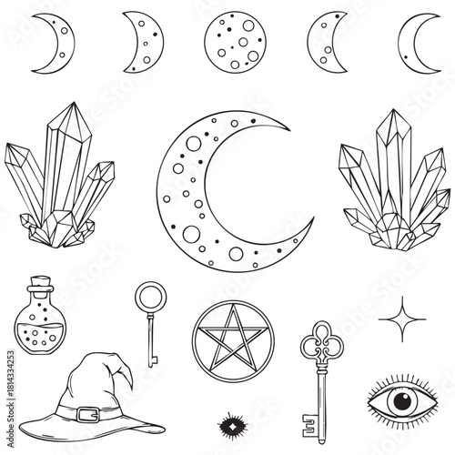 Mystic Gothic Line Art Clipart – Black & White Witchy Illustration Set