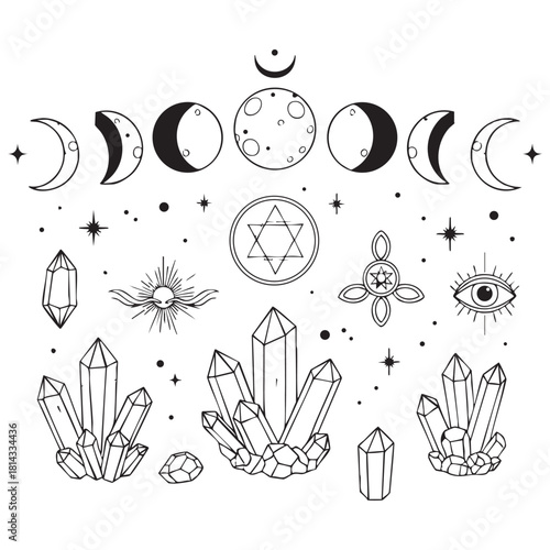 Mystic Gothic Line Art Clipart – Black & White Witchy Illustration Set