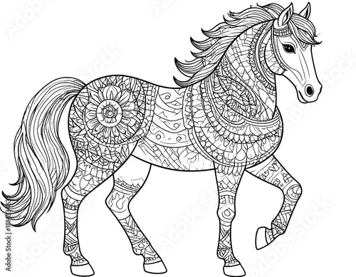 Detailed black and white horse illustration with ornate patterns for coloring pages