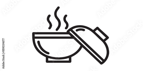 Hot soup bowl line icon, japanese food concept. Vector graphics. Plate of hot dish and lid sign on white background, style icon mobile or web design