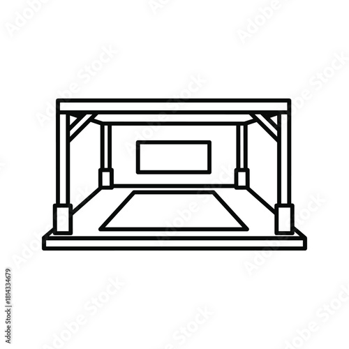 Simple black and white line art icon representing an outdoor wooden pergola or gazebo structure for shade and relaxation, isolated on