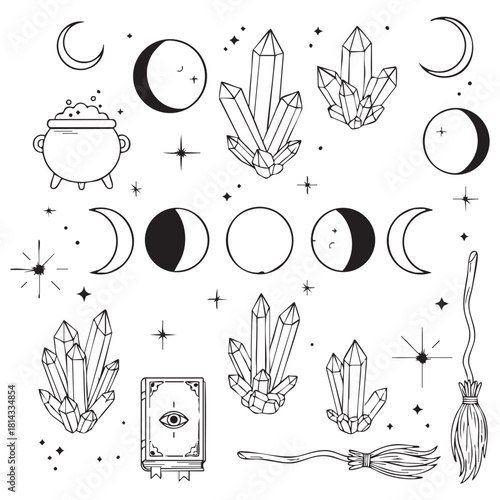 Mystic Gothic Line Art Clipart – Black & White Witchy Illustration Set